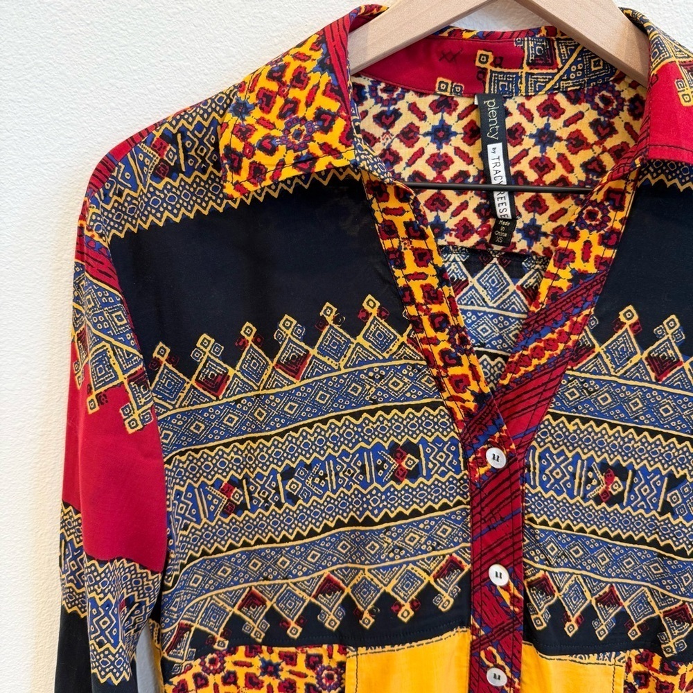 Plenty By Tracey Reese Women’s Vibrant Tribal Printed Button Down Blouse Size XS - Picture 2 of 15